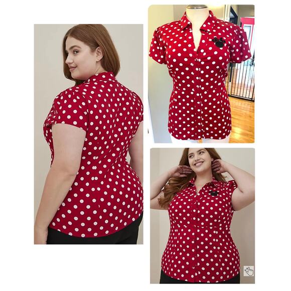 Torrid Disney Red Minnie Mouse Poplin Rockabilly Polka Dot Retro Button Top 4X - Picture 1 of 1
